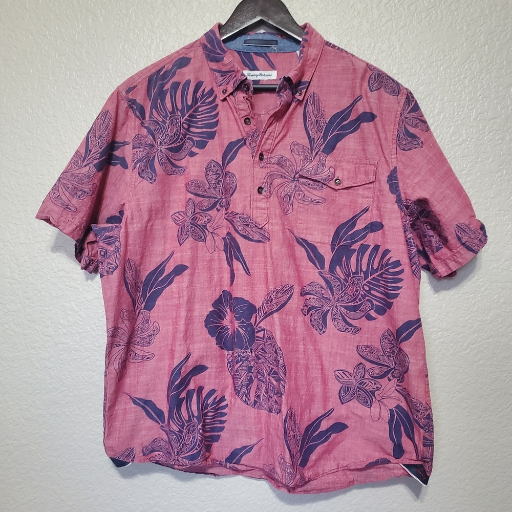 Tommy Bahama Pink Red Tatau Fronds Hawaiian Short Sleeve Shirt Casual Men's XL
